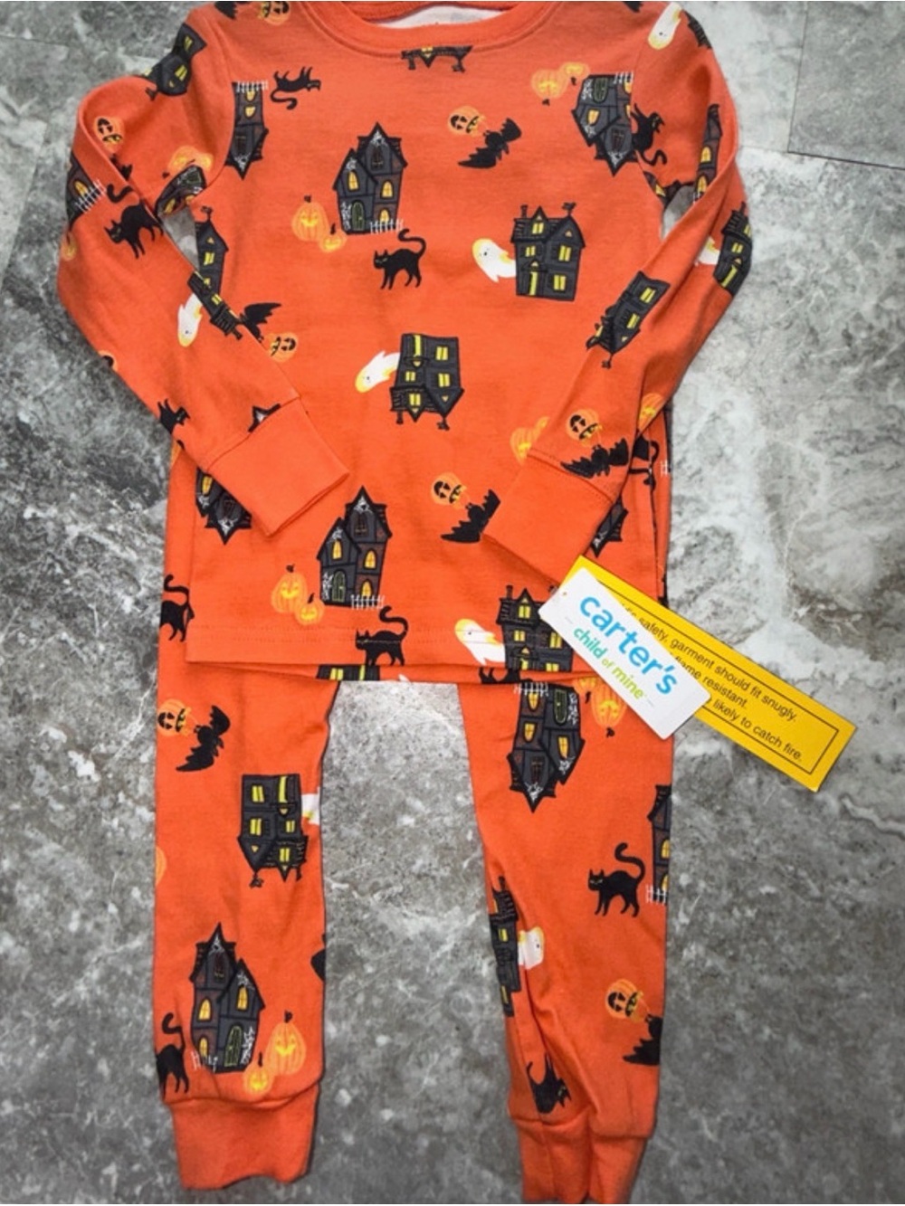 Carter's child of mine Orange Halloween Haunted House Kids Pajamas Set cat 3T